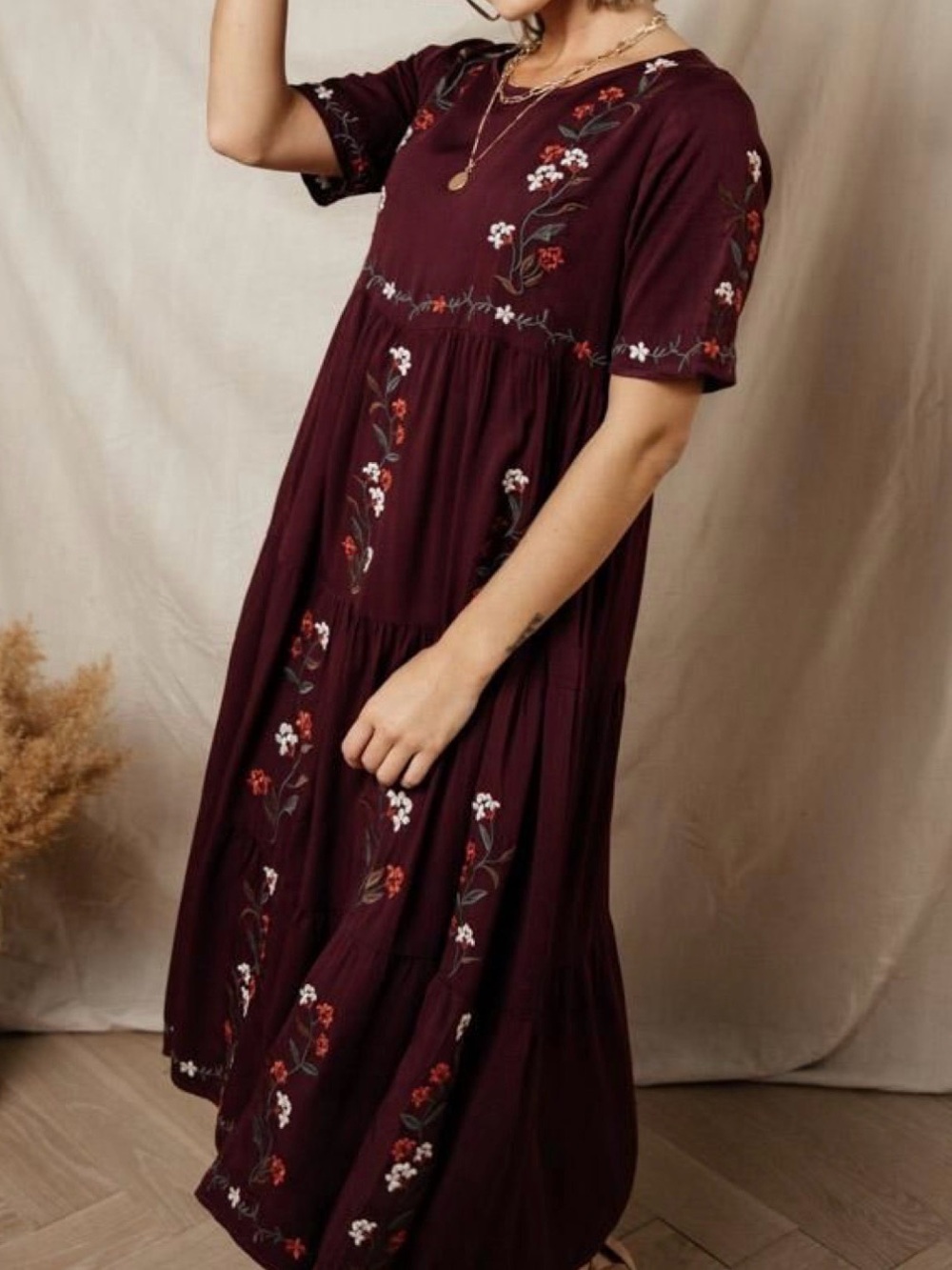 Tea N Rose Embroidered Short-Sleeve Maxi Dress - Burgundy